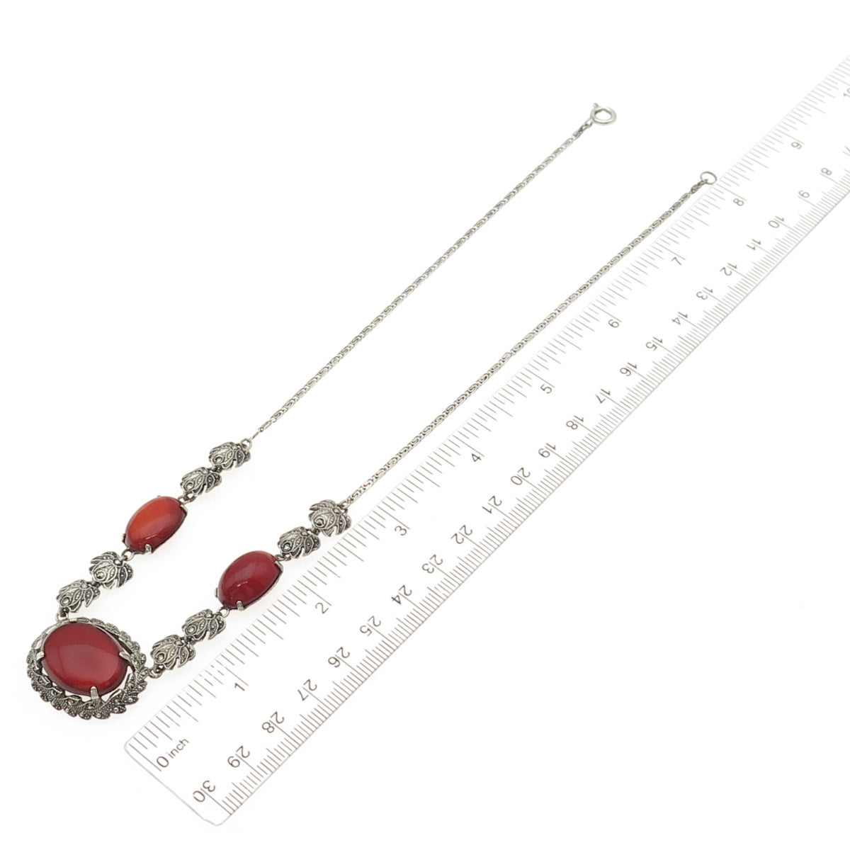 925 Sterling Antique Art Deco Germany Real Carnelian & Marcasite Necklace 16"