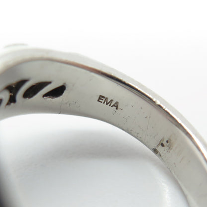 EMA 925 Sterling Silver Real Black Spinel Gemstone & White Enamel Ring Size 7.25