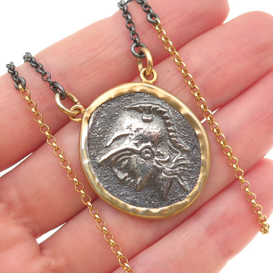 925 Sterling Gold Plated Black Rhodium Vintage Athena Greek Coin Necklace 20"