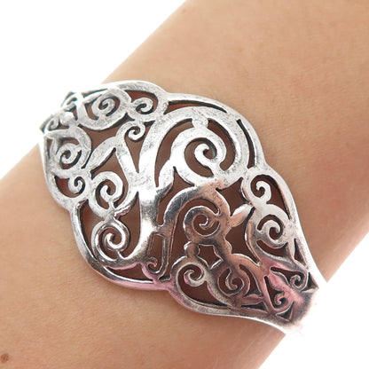 925 Sterling Silver Vintage Modernist Ornate Swirl Adjustable Cuff Bracelet 6"