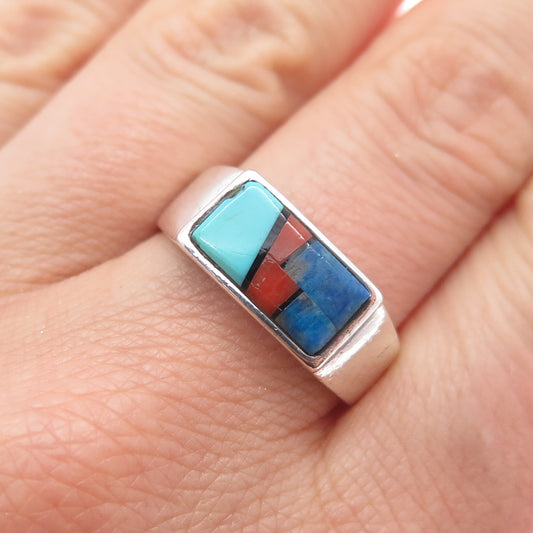 Teme Sunburst Old Pawn Sterling Silver Turquoise Coral Onyx Lapis Ring Size 9.75