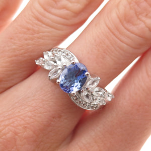 925 Sterling Silver Real Oval-Cut Tanzanite & White Topaz Ring Size 8