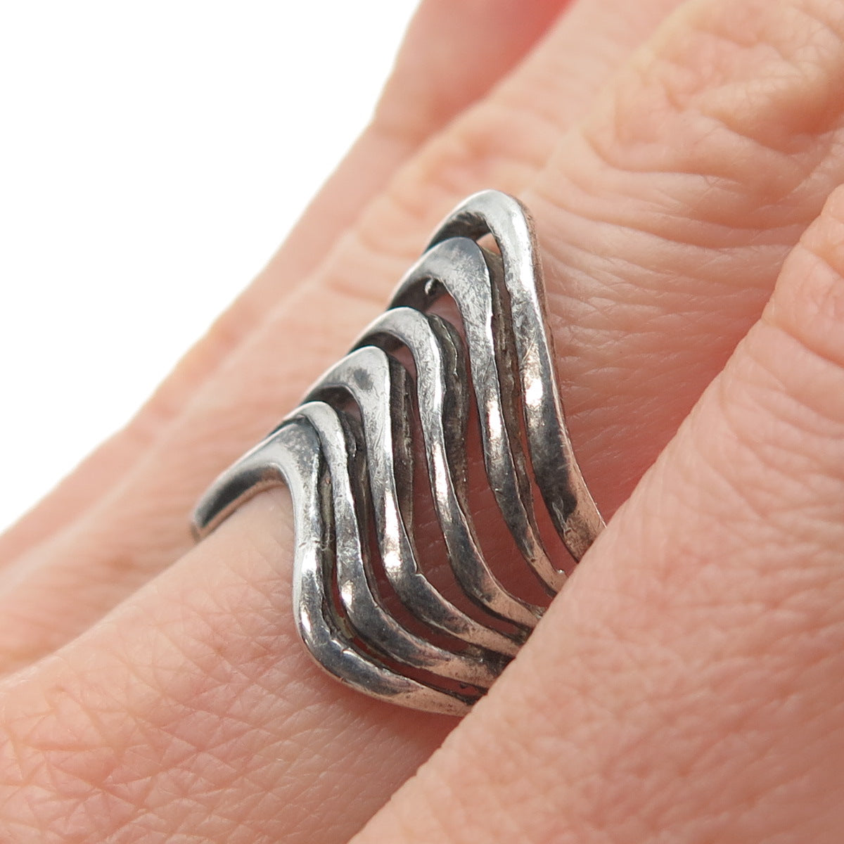 925 Sterling Silver Vintage Modernist Multi-Row Wavy Oxidized Ring Size 8