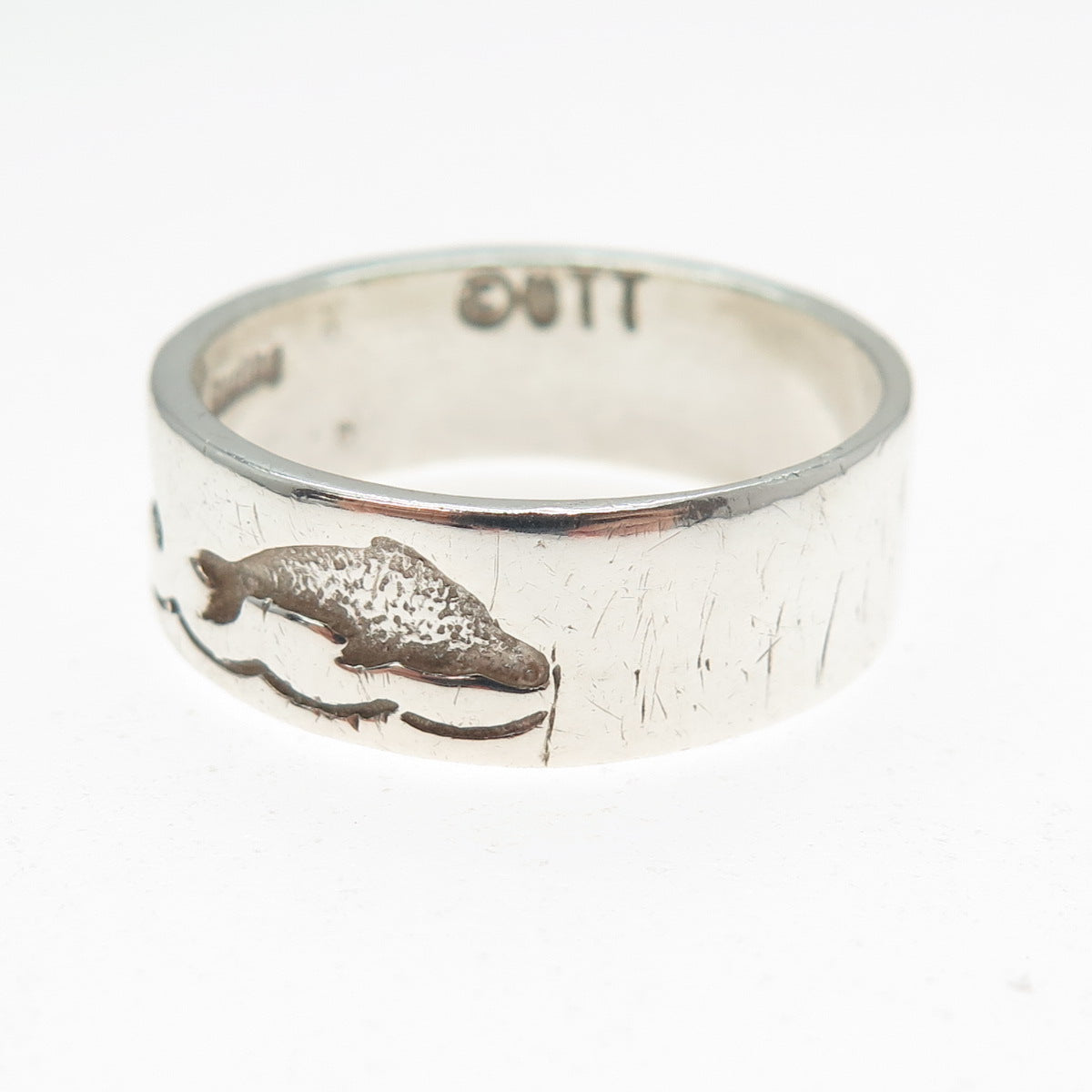 TED OTT Old Pawn Sterling Silver Vintage Dolphin Oxidized Band Ring Size 10.75
