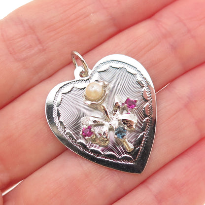 925 Sterling Silver Vintage Faux Pearl & Rhinestone Flower Charm Pendant