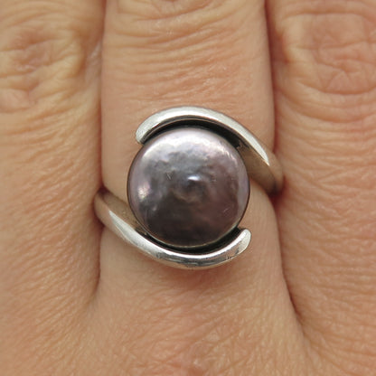 925 Sterling Silver Vintage Real Tahitian Pearl Modernist Ring Size 7.25