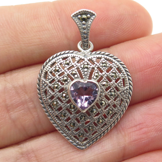 925 Sterling Silver Vintage Real Amethyst & Marcasite Gemstone Heart Pendant