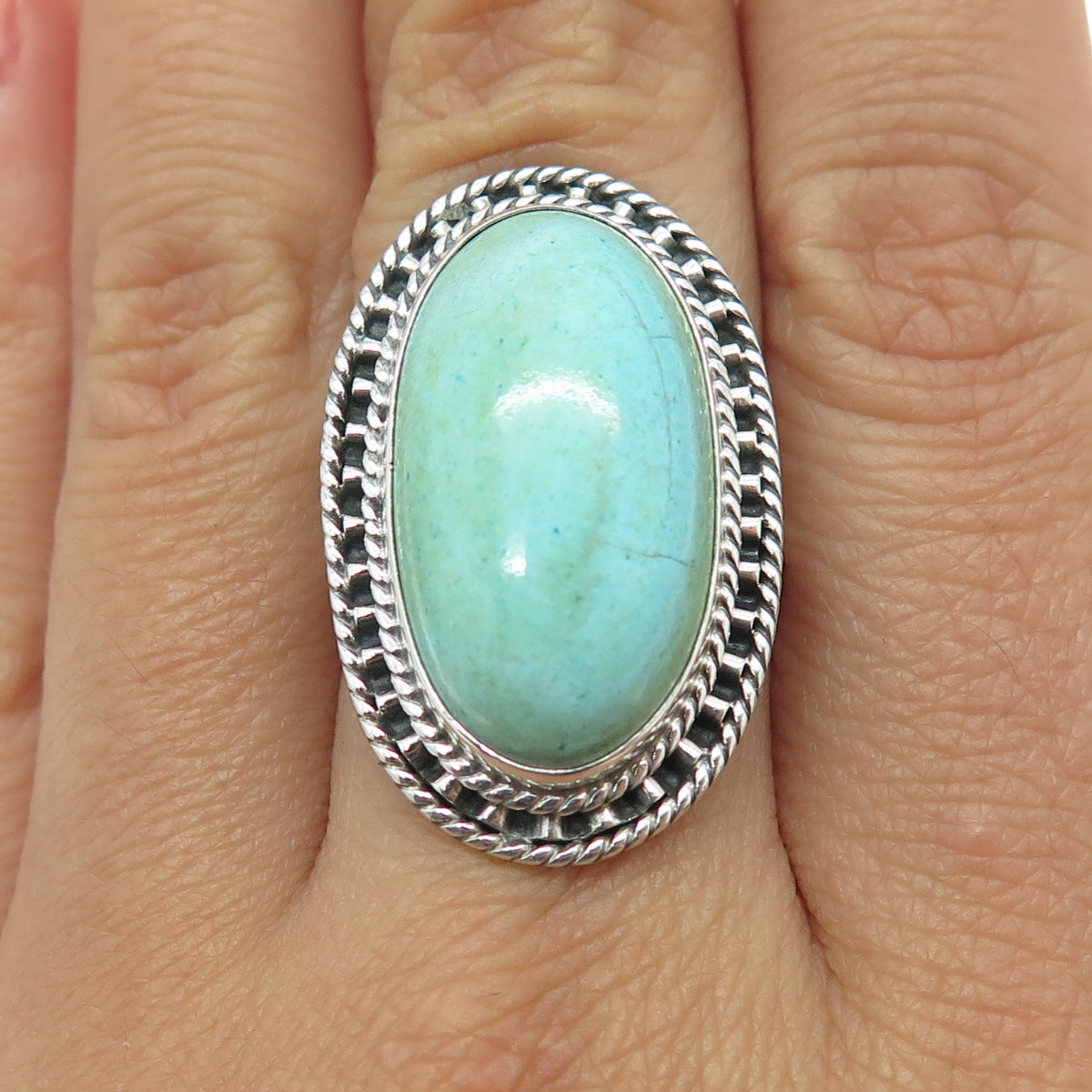 925 Sterling Silver Vintage Real Turquoise Gemstone Statement Ring Size 8.25