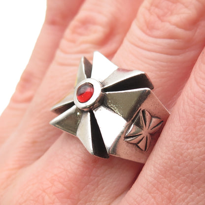 925 Sterling Silver Vintage Real Red Garnet Maltese Cross Oxidized Ring Size 10