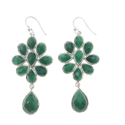 925 Sterling Silver Real Pear-Cut Emerald Flower Dangle Earrings