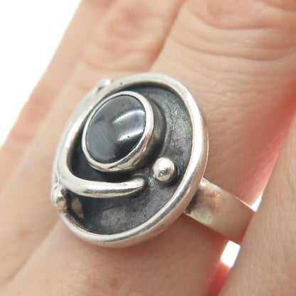 925 Sterling Silver Vintage Real Hematite Modernist Spiral Oxidized Ring Size 7
