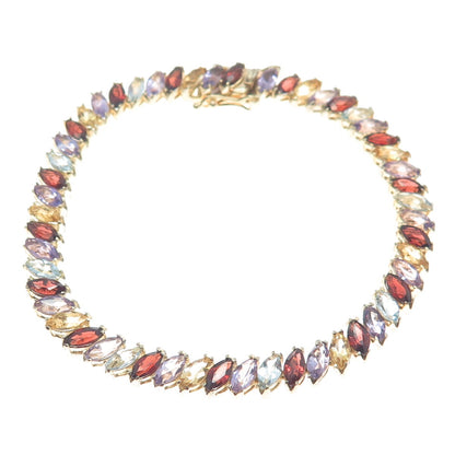 925 Sterling Gold Plated Amethyst Topaz Citrine Garnet Tennis Link Bracelet 7.5"