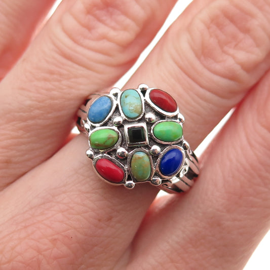 Joseph Cleary 925 Sterling Silver Vintage Turquoise Lapis Coral Onyx Ring Size 7