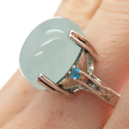 925 Sterling Silver Vintage Real Milky Aquamarine & Apatite Ring Size 7.5