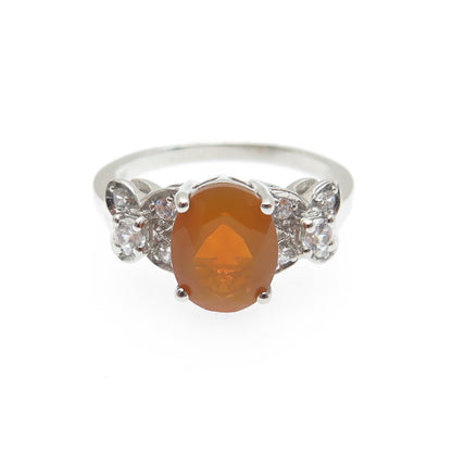 925 Sterling Silver Real Oval-Cut Opal & White Topaz Floral Ring Size 7