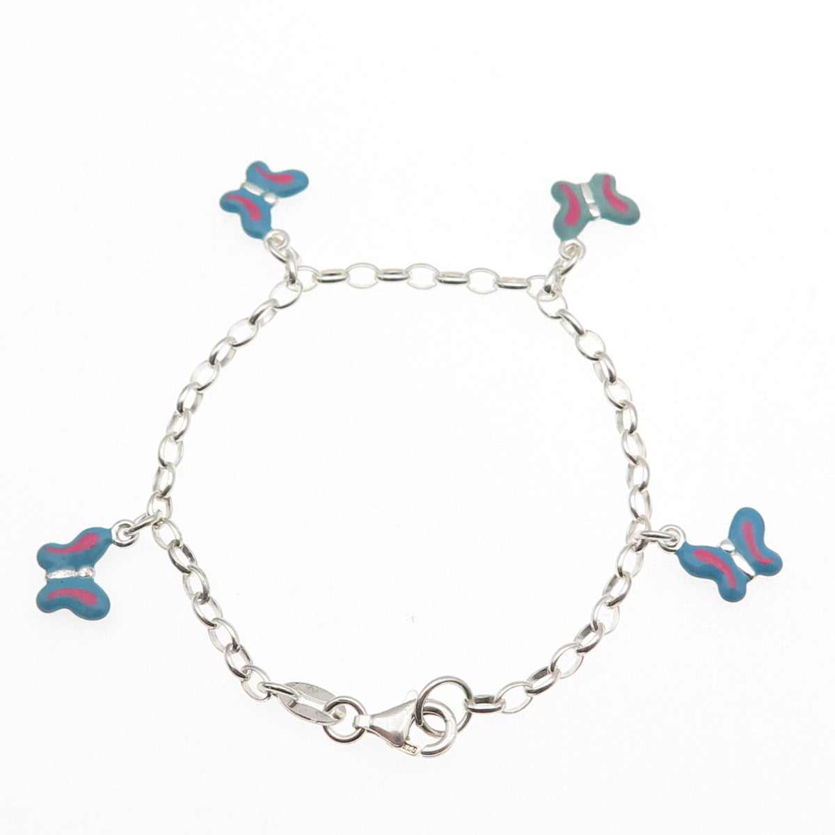 925 Sterling Silver Enamel Butterfly Dangle Charm Oval Link Bracelet 6"