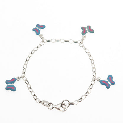 925 Sterling Silver Enamel Butterfly Dangle Charm Oval Link Bracelet 6"
