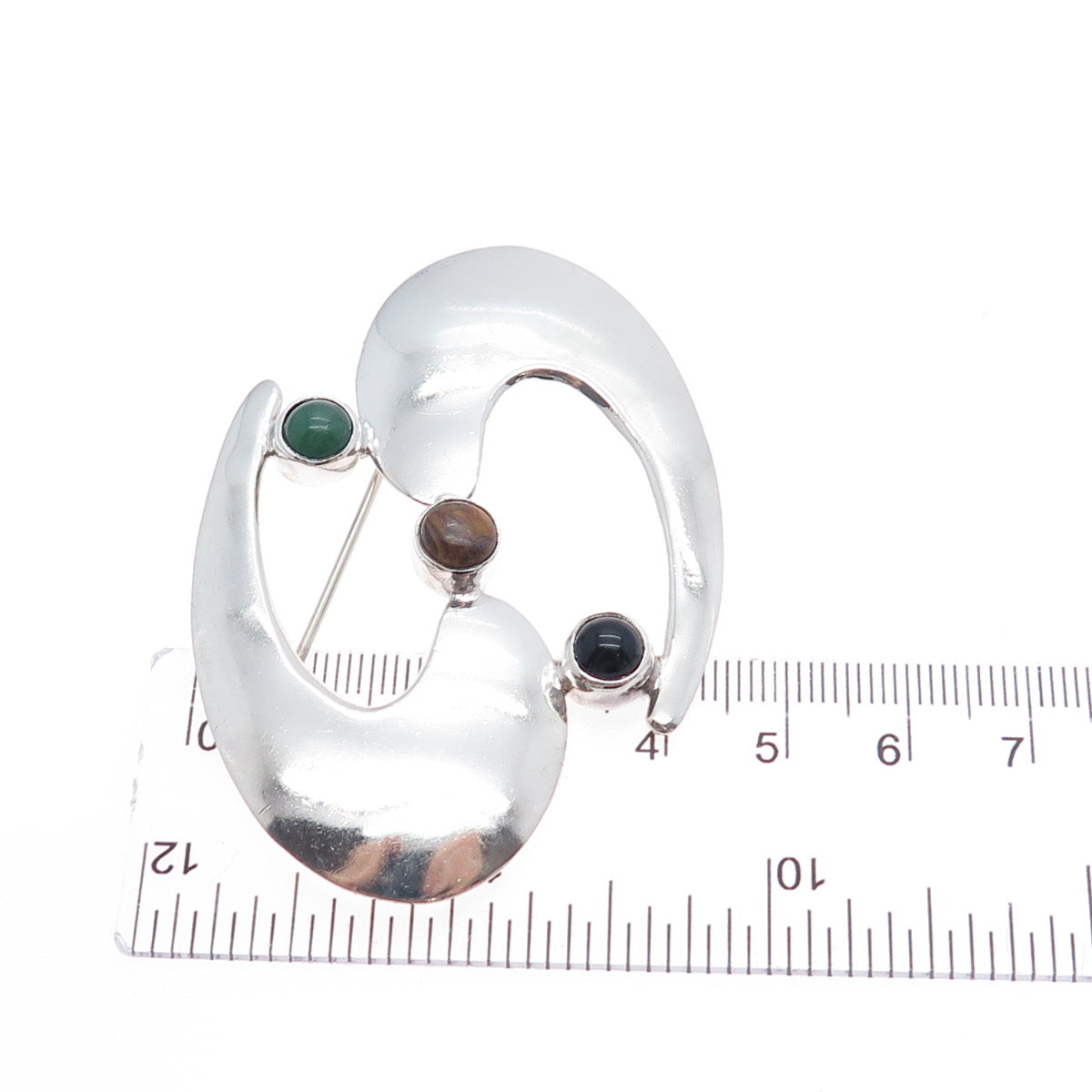 925 Sterling Silver Vintage Mexico Black & Green Onyx Tiger Eye Modernist Brooch