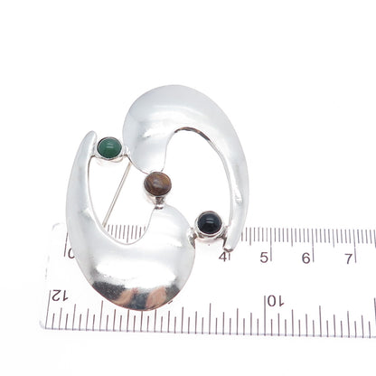 925 Sterling Silver Vintage Mexico Black & Green Onyx Tiger Eye Modernist Brooch