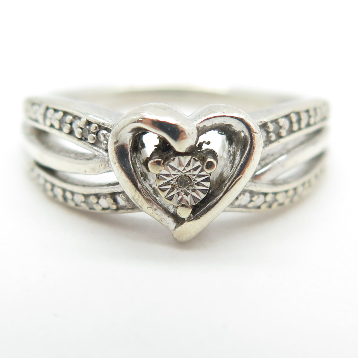 925 Sterling Silver Real Round-Cut Diamond Heart Ring Size 7.25