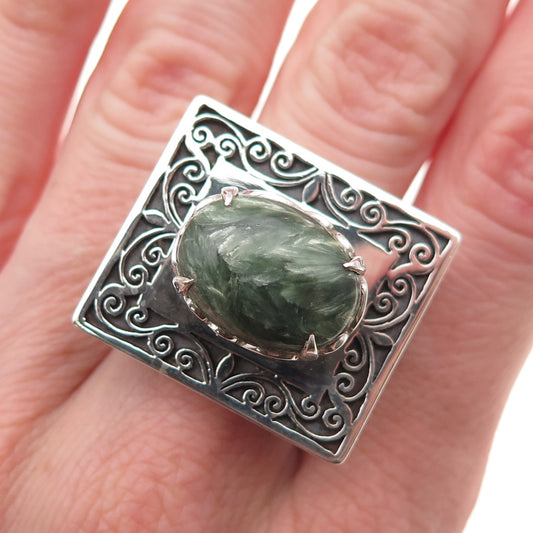 925 Sterling Silver Vintage Real Seraphinite Floral Statement Ring Size 9.25