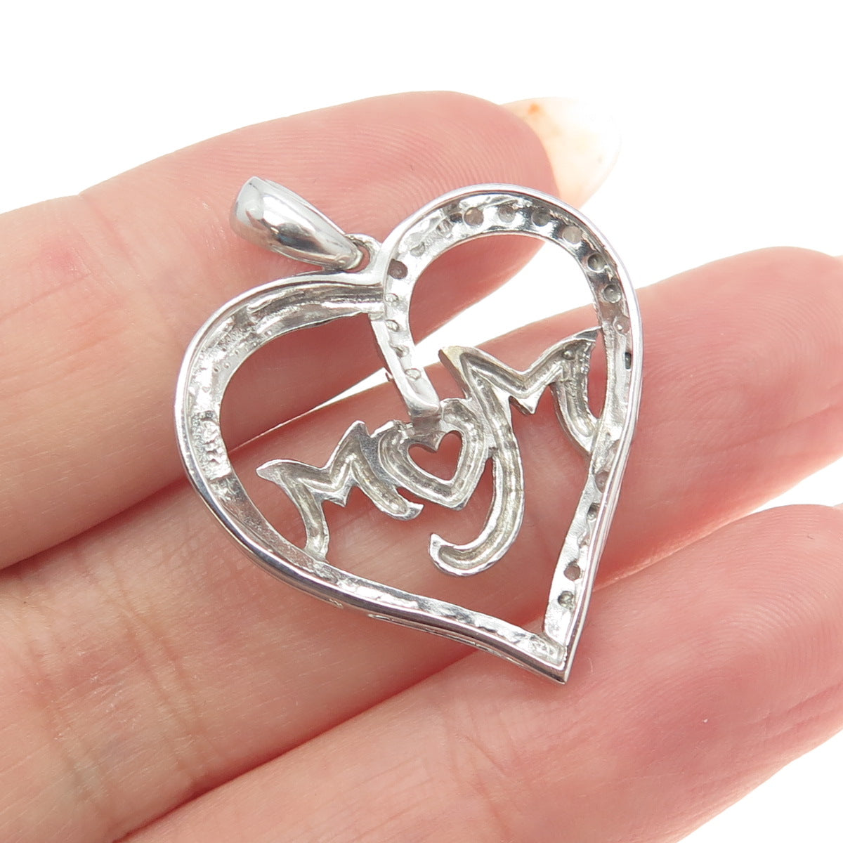 925 Sterling Silver Real Round-Cut Diamond "Mom" Heart Pendant