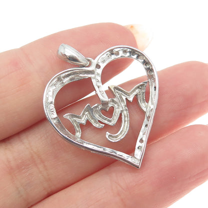 925 Sterling Silver Real Round-Cut Diamond "Mom" Heart Pendant