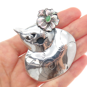 925 Sterling Silver Vintage Real Abalone Shell & Jade Cat Flower Brooch Pendant