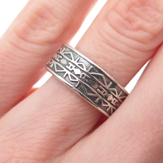 925 Sterling Silver Vintage Mexico Aztec Ornate Oxidized Band Ring Size 6.5