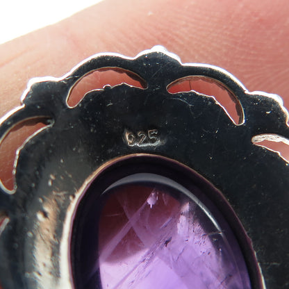 925 Sterling Silver Vintage Real Amethyst Floral Granulated Oxidized Pendant