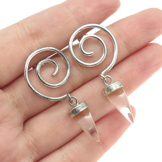 925 Sterling Silver Vintage Real Clear Crystal Modernist Spiral Earrings