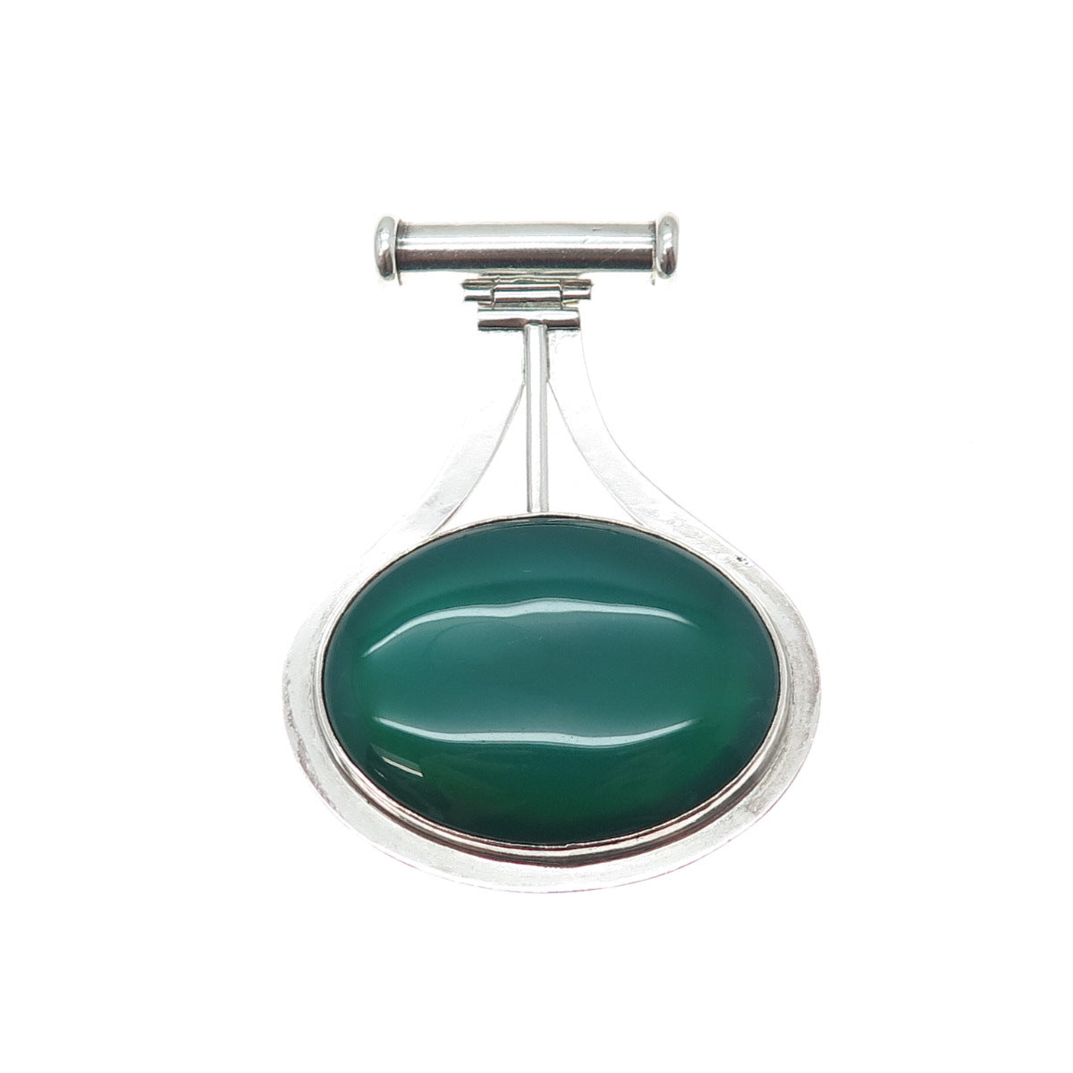 925 Sterling Silver Vintage Real Green Agate Modernist Slide Large Pendant