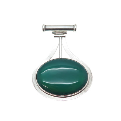 925 Sterling Silver Vintage Real Green Agate Modernist Slide Large Pendant