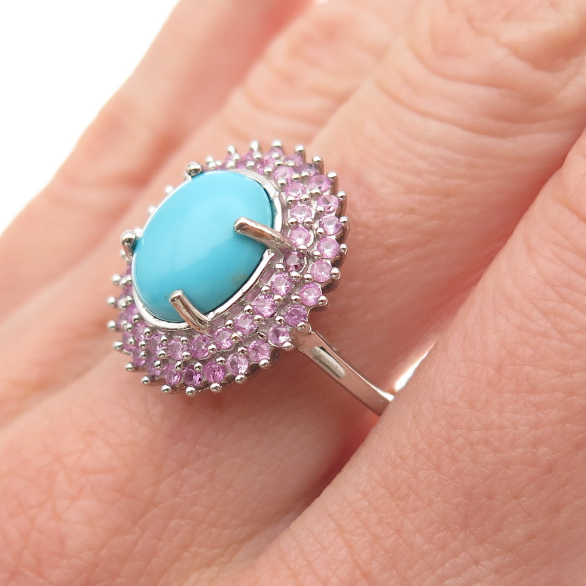 D'Joy 925 Sterling Real Sleeping Beauty Turquoise & Pink Sapphire Ring Size 8