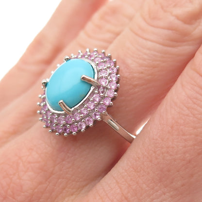 D'Joy 925 Sterling Real Sleeping Beauty Turquoise & Pink Sapphire Ring Size 8