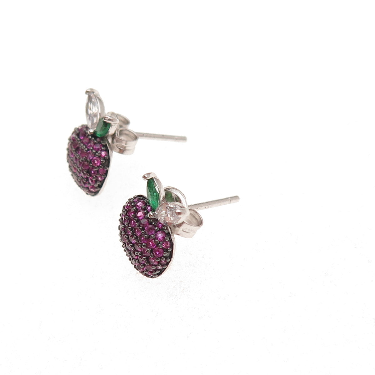 925 Sterling Silver White Green & Pink C Z Apple Stud Earrings
