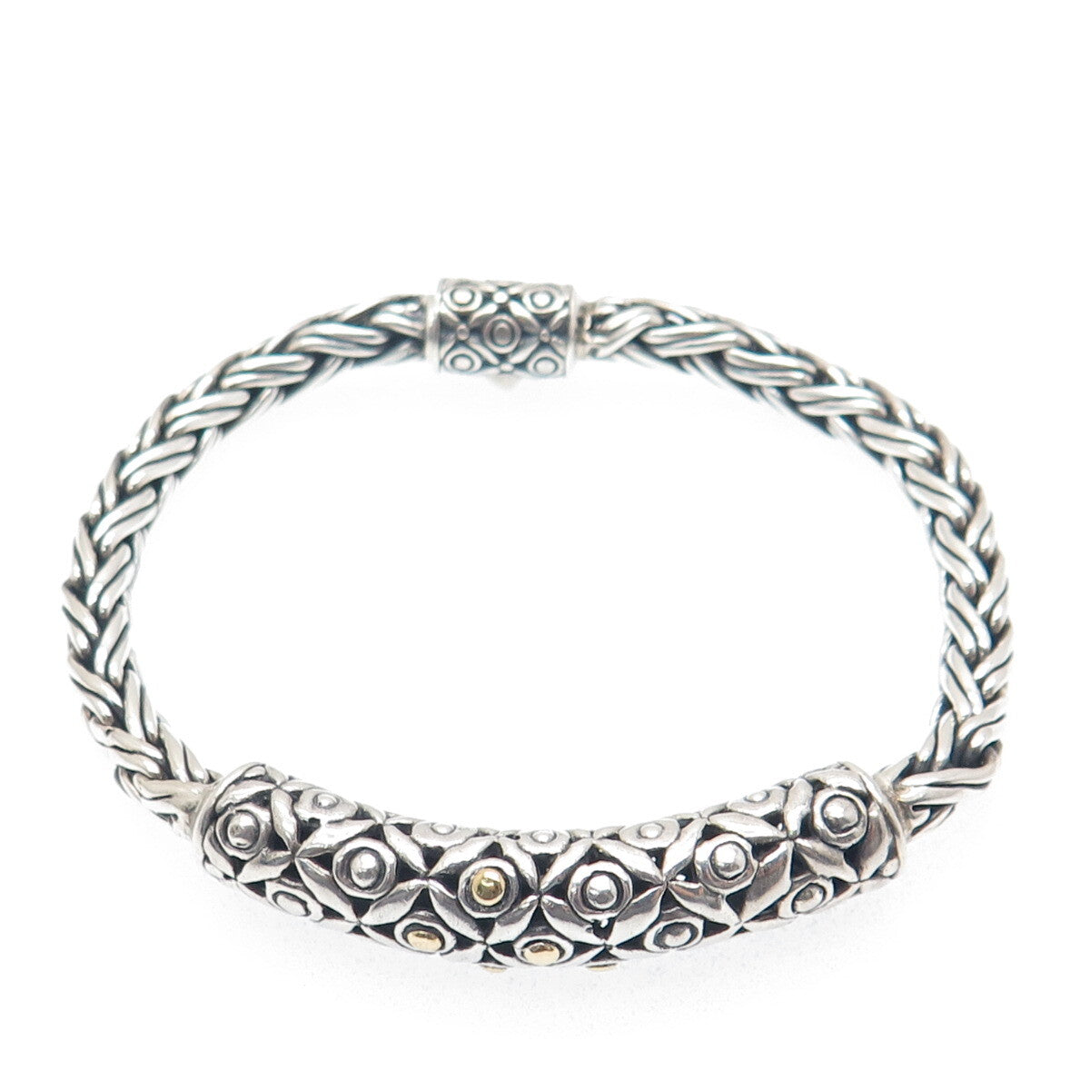 925 Sterling Silver & 18K Gold Vintage Ornate ID Bar Wheat Link Bracelet 7.5"