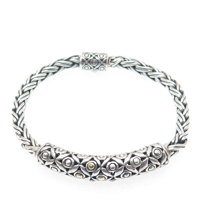 925 Sterling Silver & 18K Gold Vintage Ornate ID Bar Wheat Link Bracelet 7.5"