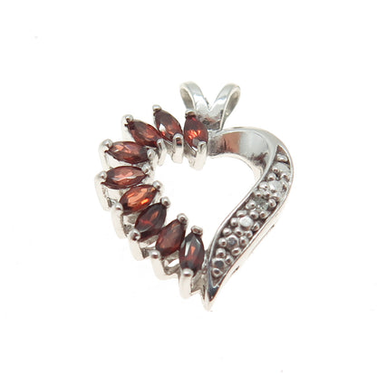 925 Sterling Silver Real Diamond Accent & Red Garnet Gemstone Open Heart Pendant