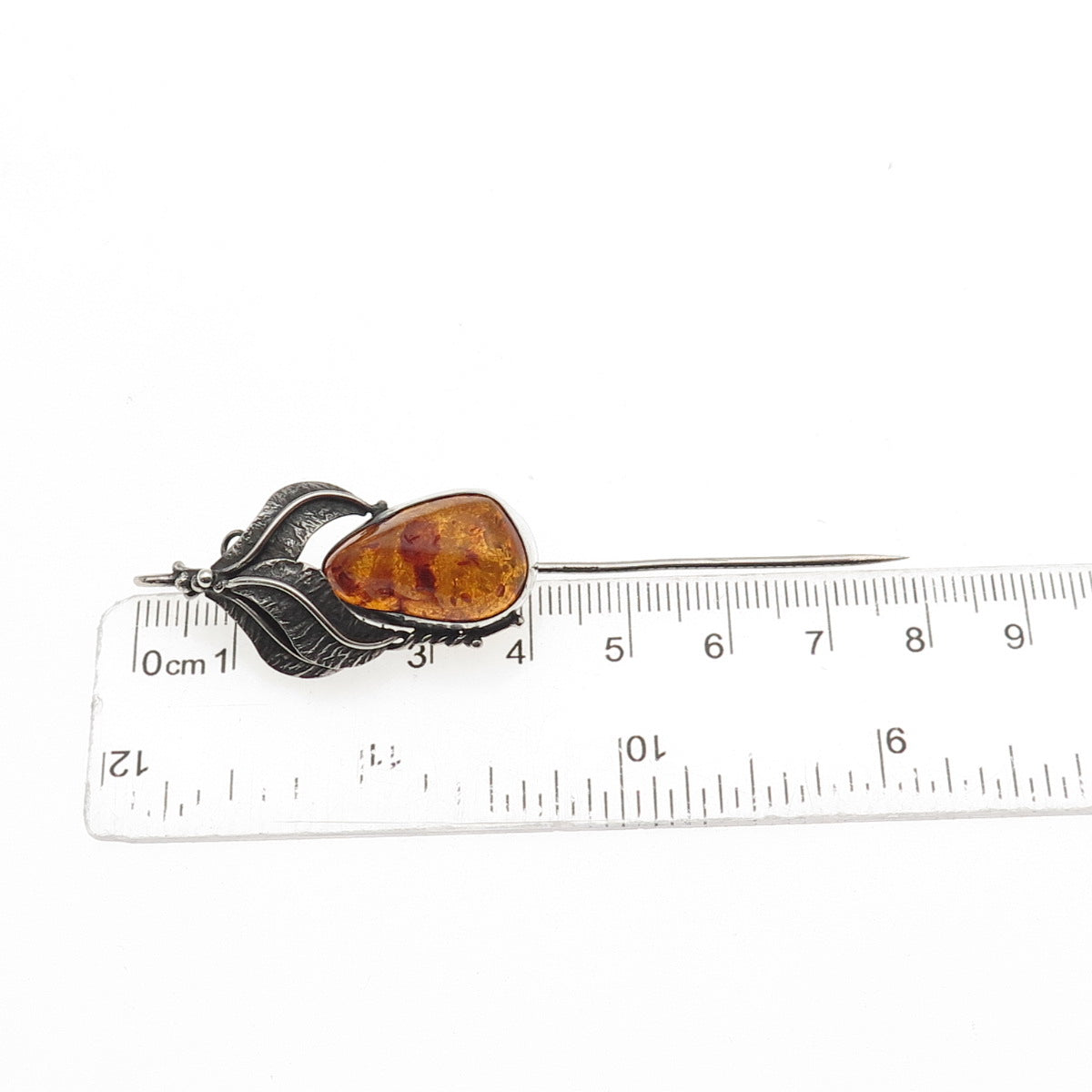 800 Silver Vintage JS Poland Real Amber Modernist Floral Oxidized Lapel Pin