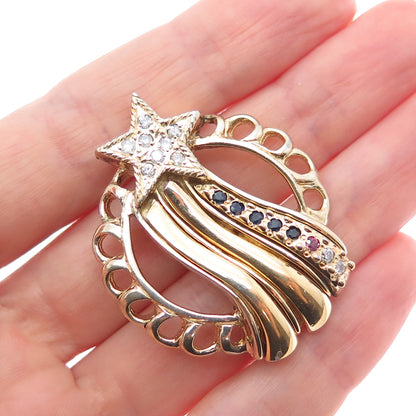 925 Sterling Silver Gold Plated Vintage Real Diamond Sapphire & Ruby Star Brooch