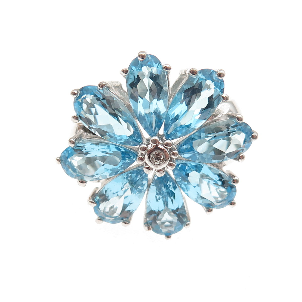 925 Sterling Silver Real Diamond & Swiss Blue Topaz Floral Ring Size 7.25