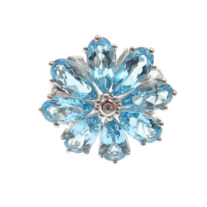 925 Sterling Silver Real Diamond & Swiss Blue Topaz Floral Ring Size 7.25