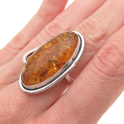 925 Sterling Silver Vintage Poland Real Amber Modernist Oxidized Ring Size 6.5