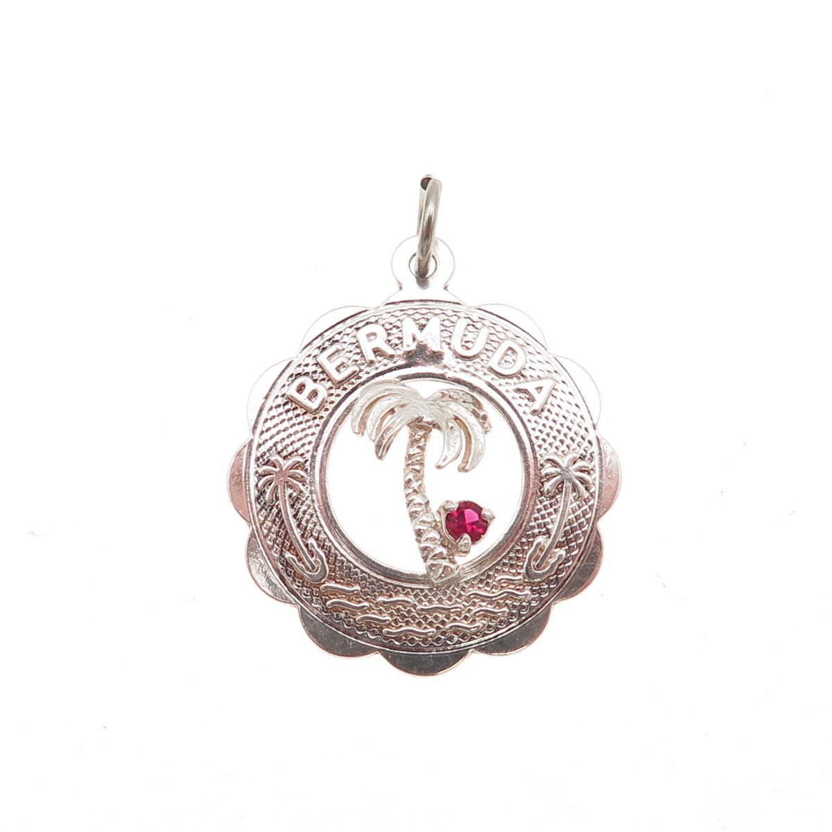 925 Sterling Silver Vintage Pink Rhinestone Bermuda Palm Tree Charm Pendant