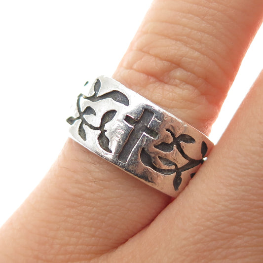 925 Sterling Silver Vintage BSCJ Cross Floral Oxidized Band Ring Size 6.5