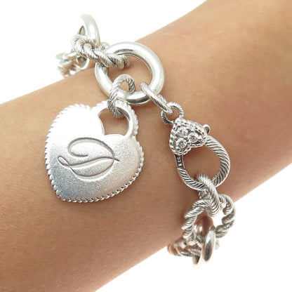 JUDITH RIPKA 925 Sterling Silver Italy C Z Letter "D" Heart Tag Bracelet 7"