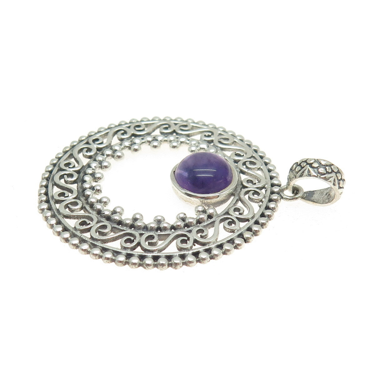 925 Sterling Silver Vintage Real Amethyst Swirl Granulated Pendant