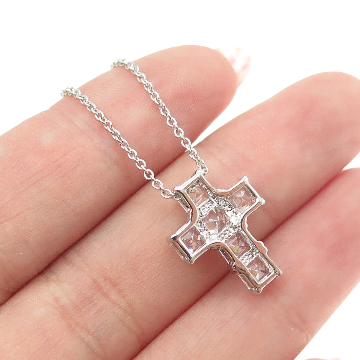 925 Sterling Silver Italy Asscher-Cut C Z Cross Cable Chain Necklace 16-18"