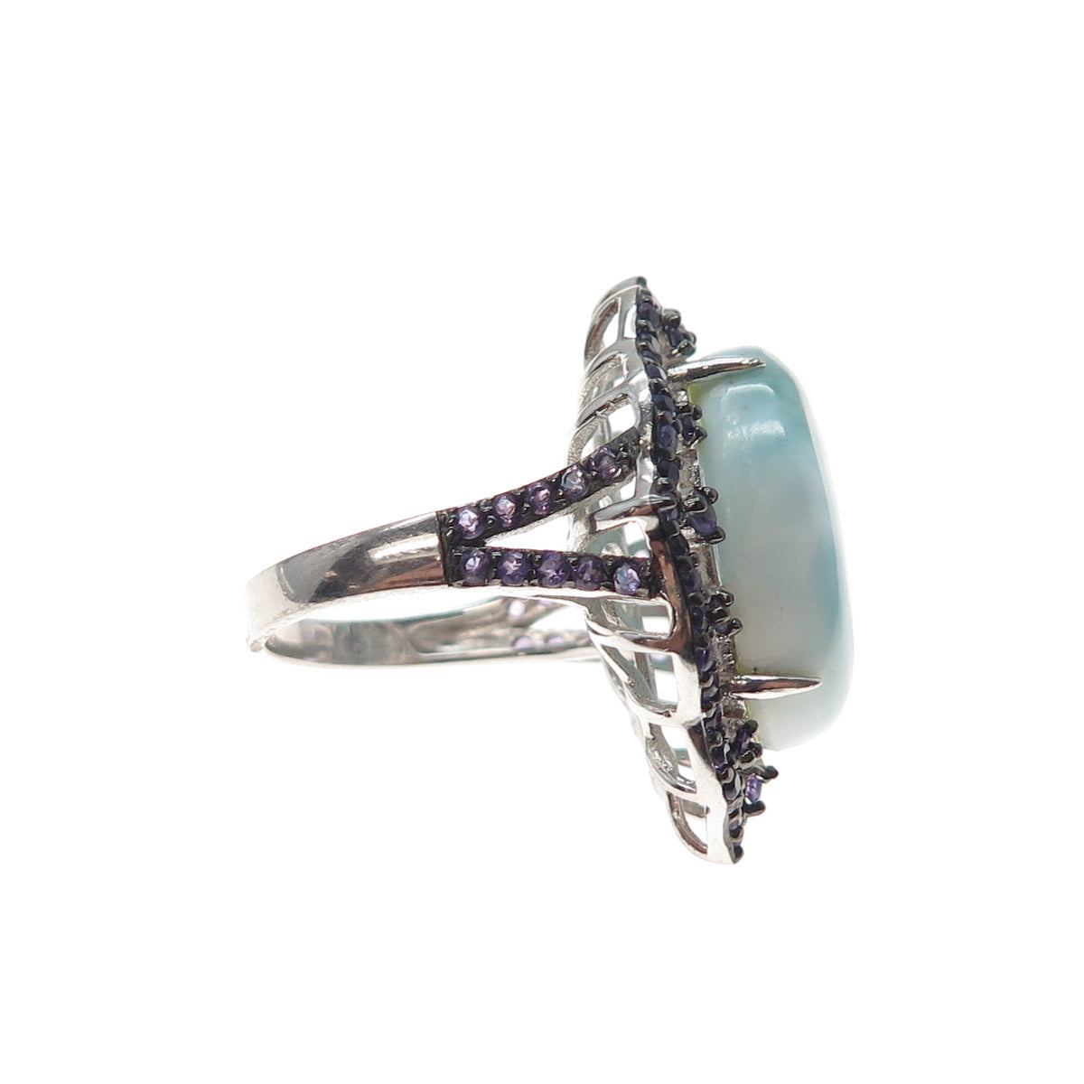 925 Sterling Silver Real Larimar & Amethyst Ring Size 7.25